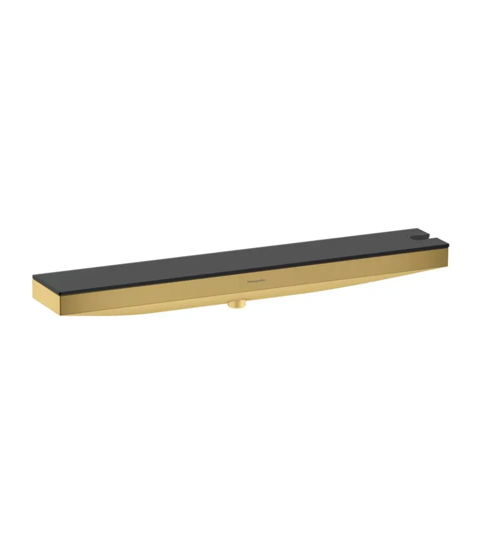 Hansgrohe Duschablage in goldener Optik mit einer glatten schwarzen Ablagefläche und einem integrierten Brausehalter, montierbar an der Wand auf der rechten Seite.